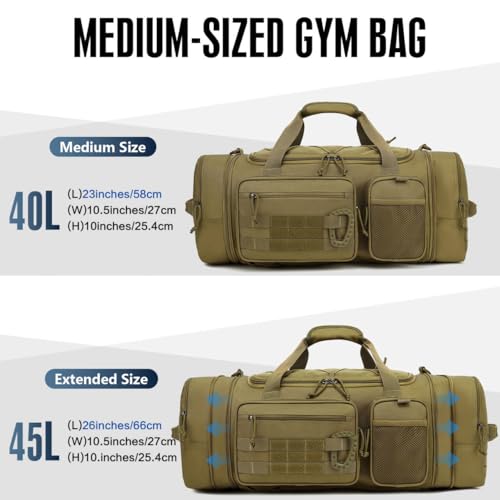 3 in 1 Tactical Gym Bag Backpack for Men 40-45L Expandable Travel Duffle Bag for Women Military Sport Duffel Bags Weekend Overnight with Shoe Compartment & Wet Pocket for Fitness, Brown - Image 4