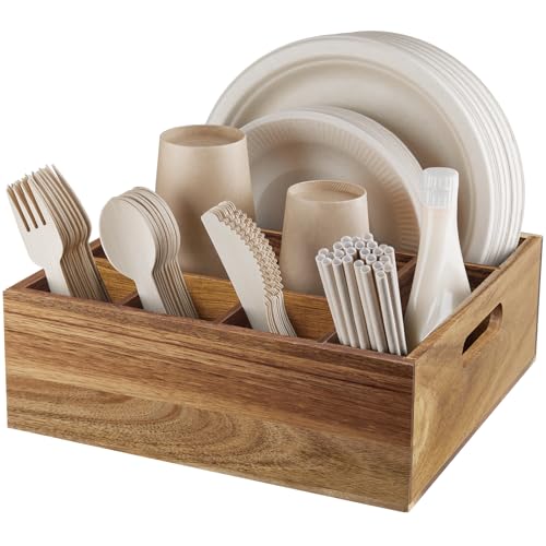 ALELION Acacia Wood Utensil Holder for Party – Paper Plate Organizer for Countertop – Silverware Caddy with 6 Compartments for Plate, Cup, Fork, Spoon – Cutlery Holder for Kitchen Camping Buffet