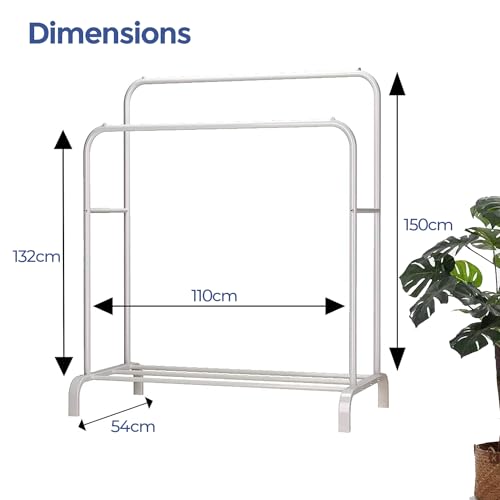 edihome, Kleiderständer, Kleiderstange, Doppelt, 110 x 150 x 54 cm, Schuhregal, Metallisch, Stabil, Clothes Rack, Klamotten Ständer, Clothes Organizer (Weiß)