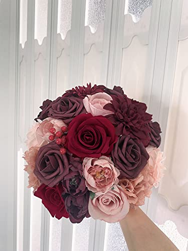 Roses Artificial Flowers Burgundy Silk Dahlia Bulk For Diy Wedding Bouquets Bridal Shower Decorations Fake Floral Arrangements Faux Flower Centerpieces For Table Home Decor Indoor Red Mauve Box 23Pcs #TOP4