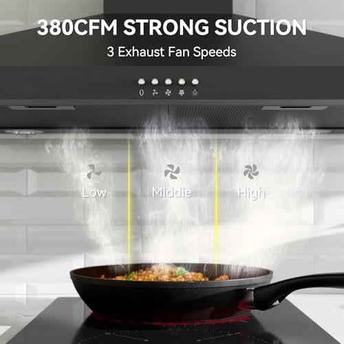 Image of magicplux Wall Mount Range Hood 30 inch, 380 CFM Kitchen Hood With Ducted /Ductless Convertible, 3 Speed Exhaust Fan with LED light, Balck