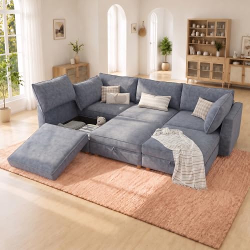 Image of 99 inch Chenille Modular Sofa Bed with Washable Covers & Storage, 6-Seater Modular Sectional Sleeper Sofa Bed with Movable Ottoman Chaise, Convertible Sleeper Sectional Couches for Living Room, Gray