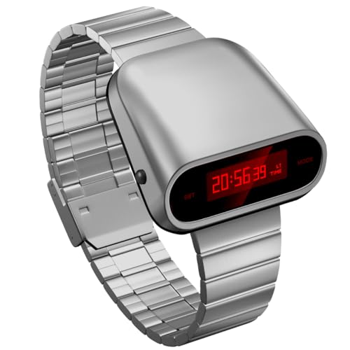 Retro Cyber LED Digital Watch – Stainless Steel Bracelet, Red LED Display, Futuristic Minimalist Design Vintage-Style Men’s Wristwatch (Silver Steel)