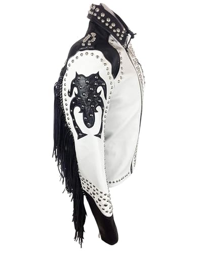 Mens Tribal Rock Punk Rivet Gothic Studded Motorcycle Fringes Biker Leather Jacket-Black White Western Style Jacket2