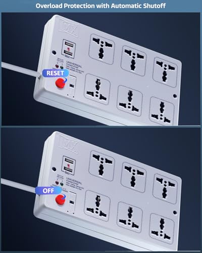 Image of MX 6-Outlet Power Strip with 2 USB Ports, Universal Socket, 1.5m Extension Cord, International Sockets, Master Switch, Multi-Plug Extension Board for Home & Office(5V 2400mA)
