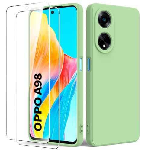 Byvuwiay Funda Compatible con OPPO A98 5G, con 2 Piezas Cristal Templado, Carcasa de Líquida TPU Anti-Choque, Carcasa OPPO A98 5G, Matcha grün