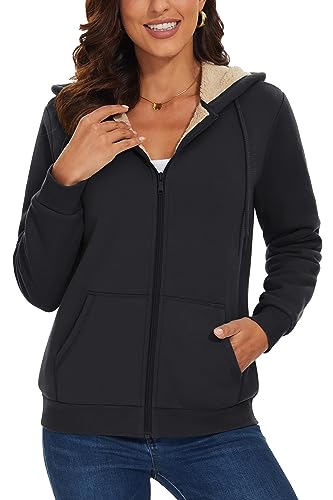 MAGCOMSEN Womens Zip Up Hoodies Sherpa Lined Fleece Thermal Jacket Full Zip Winter Warm Casual Thick Coats Pockets2