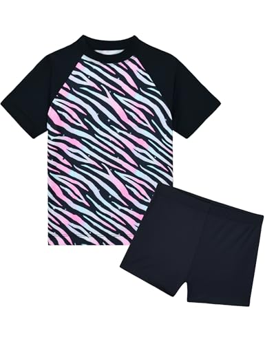 Image of Girls Swimsuit Colorful Short Sleeve Bathing Suits UPF 50+ Rash Guard Set Two Piece Summer Swimwear