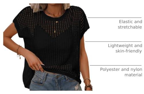 Image of Crochet Tops for Women Spring Summer Shirts Cute Mesh Top Cap Sleeve Cover Up Pullover Sweater Beach Vacation Clothes