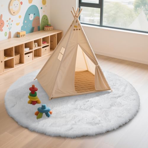 White Fluffy Round Area Rugs for Bedroom,5'X5'Shag Circle Area Rugs for Girls Room,Non Slip Fuzzy Plush Rug for Kids Room Living Room and Dorm Home Decor Rug