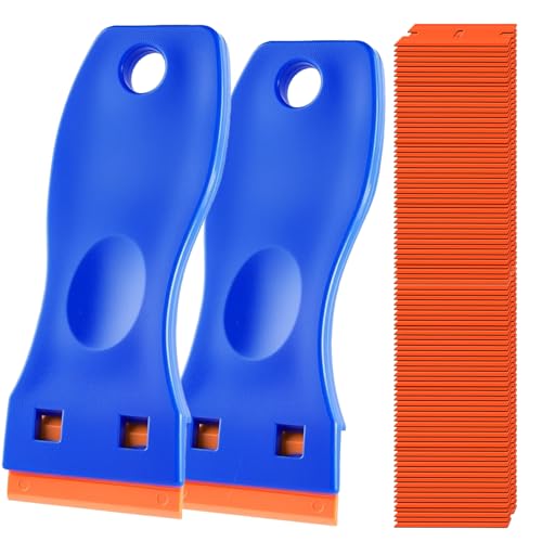 2PCS Blade Scraper Tool with 110PCS Plastic Blades Non Scratch Plastic Scraper Adhesive Residue Remover for Cleaning Adhesive Residue and Stickers from Car Window Frames Tiles and Floors