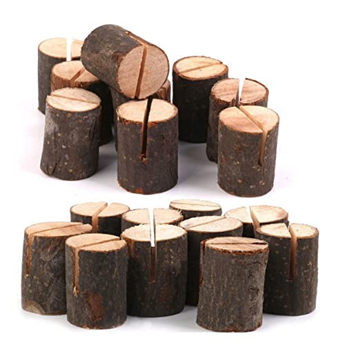 KALLORY 10 Pack Larch Wood Table Number Holders Bark Memo Stand Note Clip Holders Wedding Sign Stand Menu Clip Boho Decor for Party Table