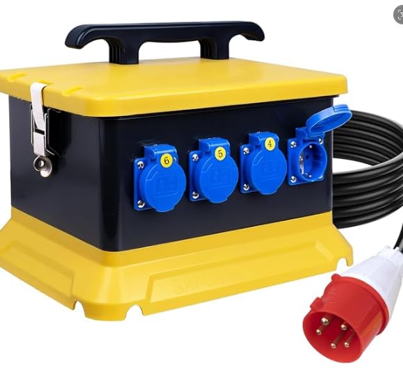 Quadro Elettrico Esterno, Presa Industriale Impermeabile IP65 con Cavo da 3m a Parete con 4 Prese Schuko da 230V e 2 Prese CEE a 5 Pin da 16A / 32A per Cantieri Officine uso Interno ed Esterno