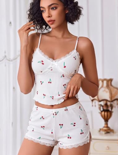 Image of Avidlove Women's Soft Ribbed Knit Cami Pajama Set Sexy V Neck Lace Trim Sleepwear Side Slit Shorts Lingerie Nightwear