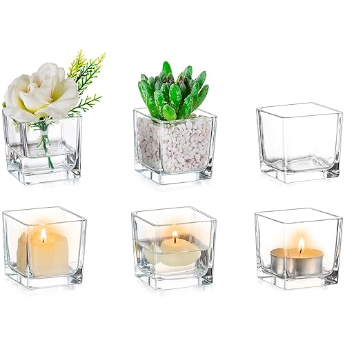 Romadedi Portavelas de cristal – 6 piezas portavelas votivas pequeñas cuadradas decorativas velas de té decorativas para mesa, mesa de pizarra, decoración de boda, fiesta, sala de estar