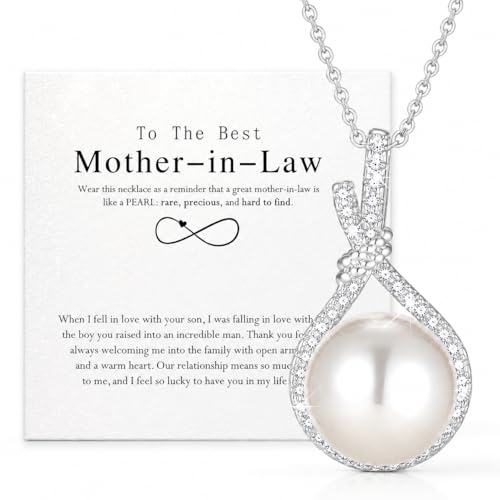 Mother in Law Pearl Necklace Gift from Bride Wedding Day Gift for New Mother-in-Law Cubic Zirconia Infinity Love Knot Pendant Mother of the Groom Thank You Gifts from Daughter in Law