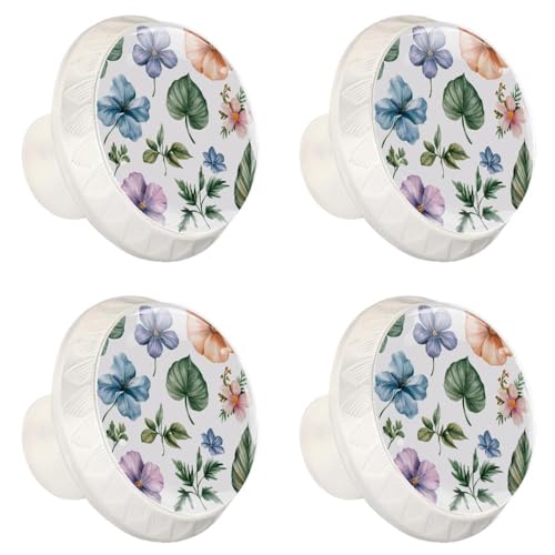 Paquete de 4 pomos redondos de cristal de 1.38 pulgadas, tiradores redondos de cristal con tornillos para cocina, baño, guardería, habitación infantil (juego de colección de flores y hojas)