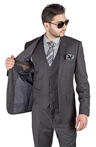 Slim Fit 3 Piece Vested Solid Dark Charcoal Grey Suit 2 Button Notch Lapel AZAR2