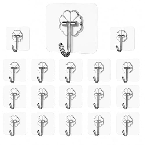 Image of 20 Pack Premium Nail Wall Hooks Flower Hooks for Wall Without Drilling, Self Adhesive Hooks for Wall Heavy Duty Strong Nail Free(Hanging Hook, Transparent)