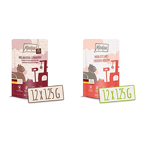 MjAMjAM - Premium Nassfutter für Katzen - Quetschie - purer Fleischgenuss - zartes Känguru pur, 12er Pack (12 x 125 g), getreidefrei mit extra viel Fleisch & Premium Nassfutter für Katzen