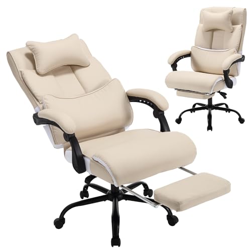 Image of Fully Reclining Office Chair with Foot Rest, Ergonomic Executive Office Desk Chair with Lumbar Support and Headrest, 170 Reclining Recliner High Back Home Leather Computer Chair, Beige