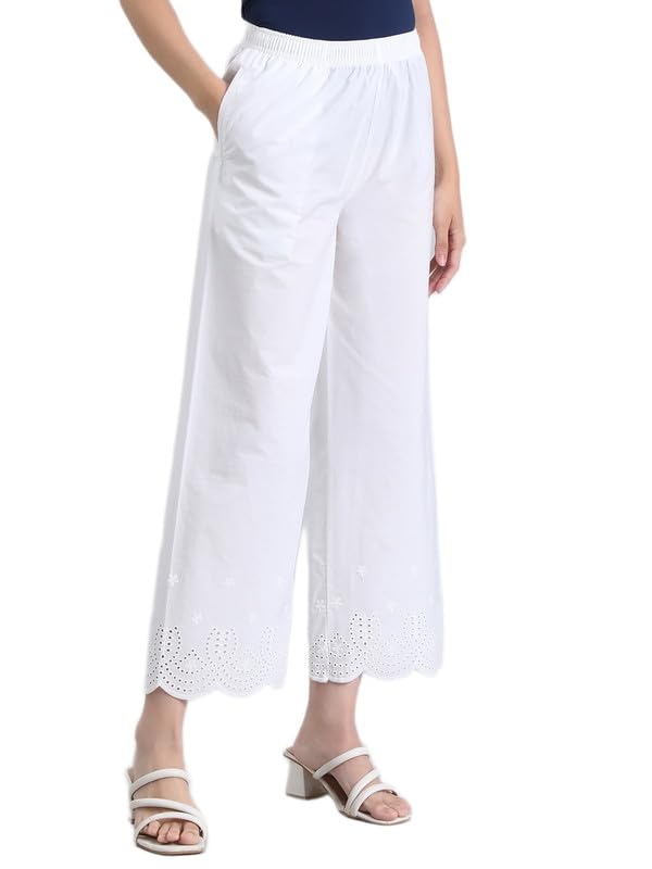 Image of GO COLORS Women's Cotton Hakoba Palazzo | Ankle Length, Schiffli Embroidery, Relaxed Fit, Mid-Rise with Side Pocket