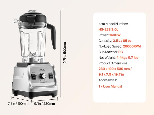 Image of VEVOR Professional Blender for Smoothies, 85 oz 1400W,with Powerful Motor, Multi-Functional Food Processing for Smoothie /Milkshake /Juice, Fits for Kitchen