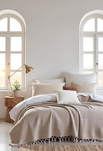 BOHORIA® Urban Loft Couvre-lit gaufré extra large 220 x 240 cm | 100 % coton | Jeté de canapé, fauteuil et lit | Couverture douillette (The Urban Loft) (Sepia)