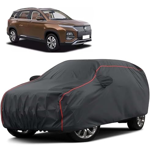 Image of Sulfar 100% Water Resistant Car Body Cover Compatible with Mirror for MG Hector Plus (Triple Stitched, Full Bottom Elastic, Dark Grey Taffeta with Red Piping)