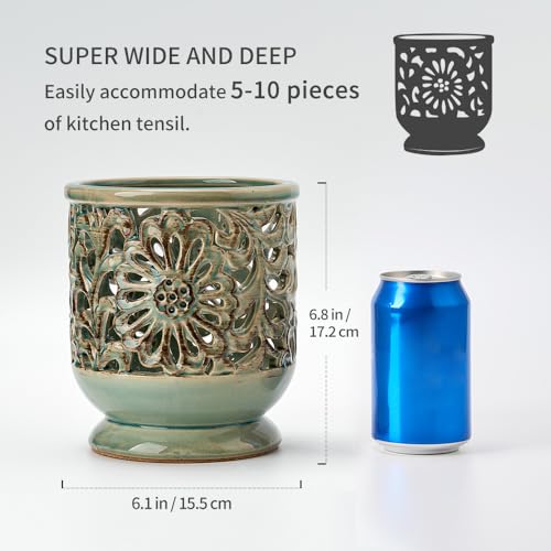 Farmhouse-Kitchen-Utensil-Holder-for-Countertop-Ceramic-Large-Cooking-Utensil-Crock-with-Cork-Mat-Decorative-Rustic-Utensil-Holder-for-Kitchen-Counter-Hollow-Carving-Flower-Blue