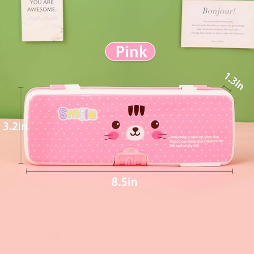 Image of Double Layer Pencil Case, Plastic Pencil Boxes with Pencil Sharpener, Cute Pen Box Organizer for Pencils, Erasers, Paper Clips, School Supplies, Best Birthday Gifts for Kids Teens(Pink)