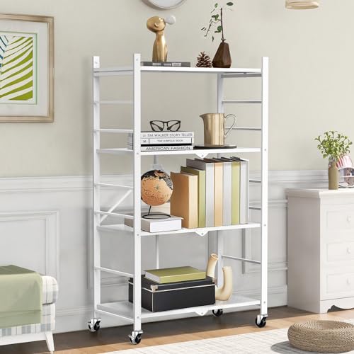 Image of Himix 4-Tier Foldable Metal Storage Shelf with Wheels Kitchen White | Metal collapsible organization, Folding shelves rack, Wire shelving, Garage, Unit rolling cart, No assembly, Holds 352 Ibs