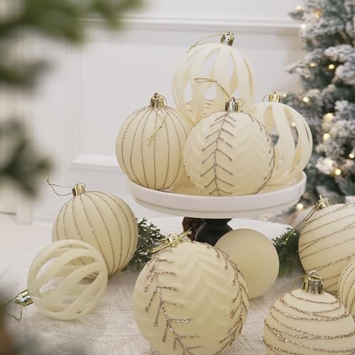 Image of 3.15INCH Beige Velvet Ornaments for Christmas Tree, 12PCS Glitter Flocked Christmas Ornaments Decorations Balls Set Decor