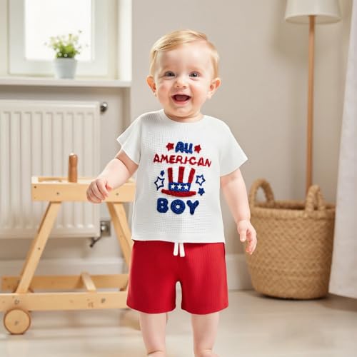 Toddler Baby Boy 4th of July Outfit American Flag Embroidery Waffle Knit T Shirt Shorts Set Patriotic Clothes4
