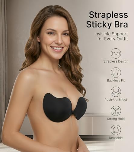 Image of DClub Strapless Sticky Bra Invisible Backless Stick on Bra Push up Lift Bras for Women Dress Reusable Silicone Nipple Covers