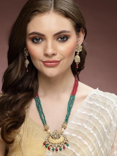 Image of Adiva Stylish Traditional Gold-Plated Kundan Stone Studded & Pearls Handcrafted Necklace with Earrings Jewellery Set for Women & Girls