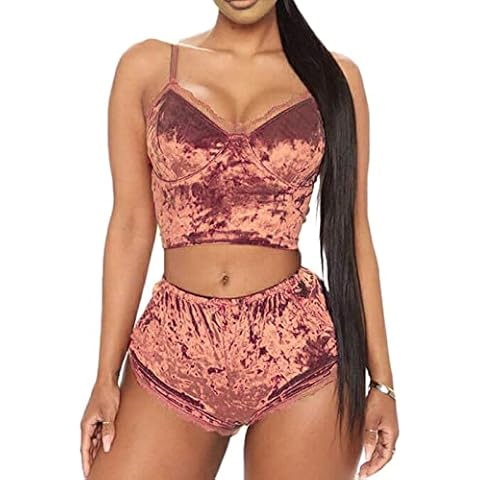Women's Velvet 2 Piece Outfit Spaghetti Strap Sleeveless Crop Top and Shorts Pajama Sets (Pink, M) Cover
