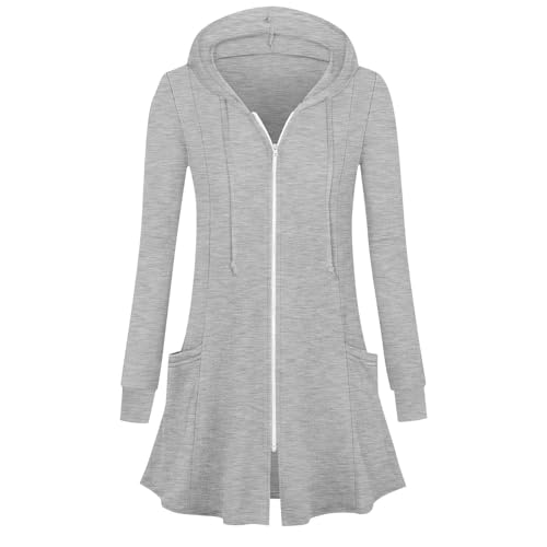 Womens Long Jacket Zip Up Hoodie Lightweight Tunic Sweatshirt Open Front Cardigan Fall Coat with Pockets Outerwear