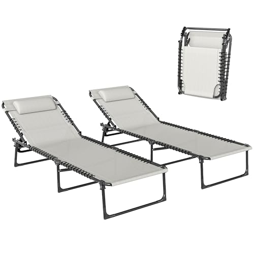 Outsunny Folding Chaise Lounge Chair Set of 2, Patio Sun Tanning Chair, Outdoor Chaise Lounger with 4-Position Reclining Back, Breathable Mesh Seat for Beach, Poolside, Cream