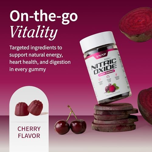 Image of Snap Supplements Nitric Oxide Gummies - Beet Root Extract 300mg, Sugar Free Beetroot Supplement with Pomegranate Powder for Circulation & Natural Energy, 60 Vegan Gummies, Cherry Flavor