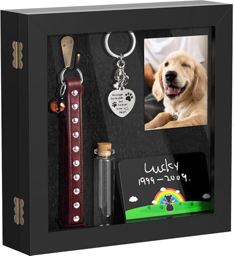 AXEFUN Pet Memorial Shadow Box for Dog or Cat Wooden Pet Memorial Box with Collar Holder Keepsake Bottle & Memorial Plaque Pet Loss Sympathy Gift Tabletop or Wall Display