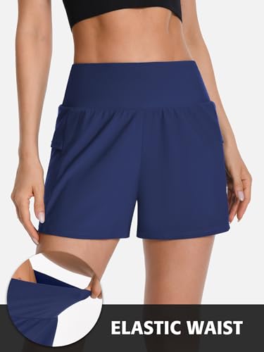 Image of ATTRACO Women's 3 inch High Waisted Swim Board Shorts Pleated Summer Beach Shorts with Pockets