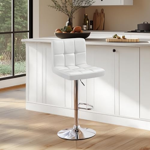 Image of Yaheetech Single Bar Stool, PU Leather Adjustable Swivel Barstools, Armless Hydraulic Kitchen Counter Bar Stool, Kitchen Island Chairs, White
