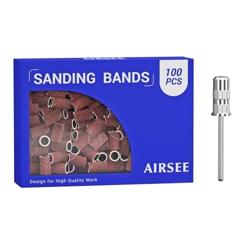 AIRSEE Sanding Bands for Electric Nail Drill 100 Piece Set 180 Grit Medium Acrylic File Attachments Professional Sander 1 Mandrel Bit Beauty Salon Accessories Manicure and Pedicure Finger Callus Brown Cover