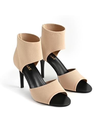 Image of Peep Toe Heels for Women Sexy 3 Inches Stiletto Heeled Sandals for Women Open Toe Wide Stretchy Knit Heel Sandal Booties Slip On Comfortable Dressy Shoes for Prom, Party and Work