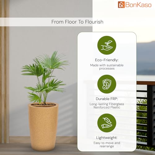 Image of BonKaso 18 inch Beige Pot - Tall, Durable & Lightweight Polymer Round Tower Planter for Indoor & Outdoor Use: Home, Office, Garden & Balcony (Gamla /Gamale)