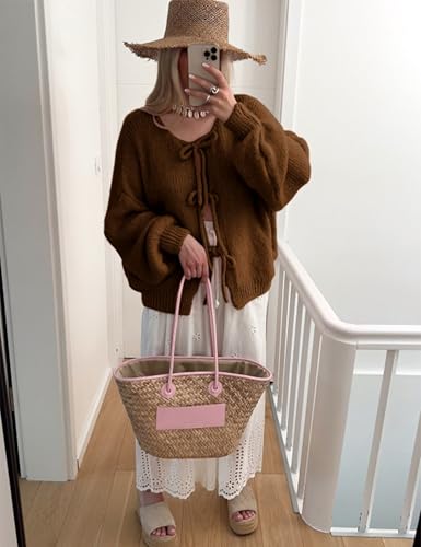 Image of SKIKYAN Women Bowtie Oversized Knit Sweater Cardigan Y2K Long Sleeve V Neck Open Front Casual Knitwears