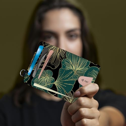 Image of Small Travel Wallets, Art Leaf Slim Minimalist Front Pocket Wallet with Wristlet, RFID Blocking PU Leather Credit Card Holder with ID Window Change Purse for Men Women