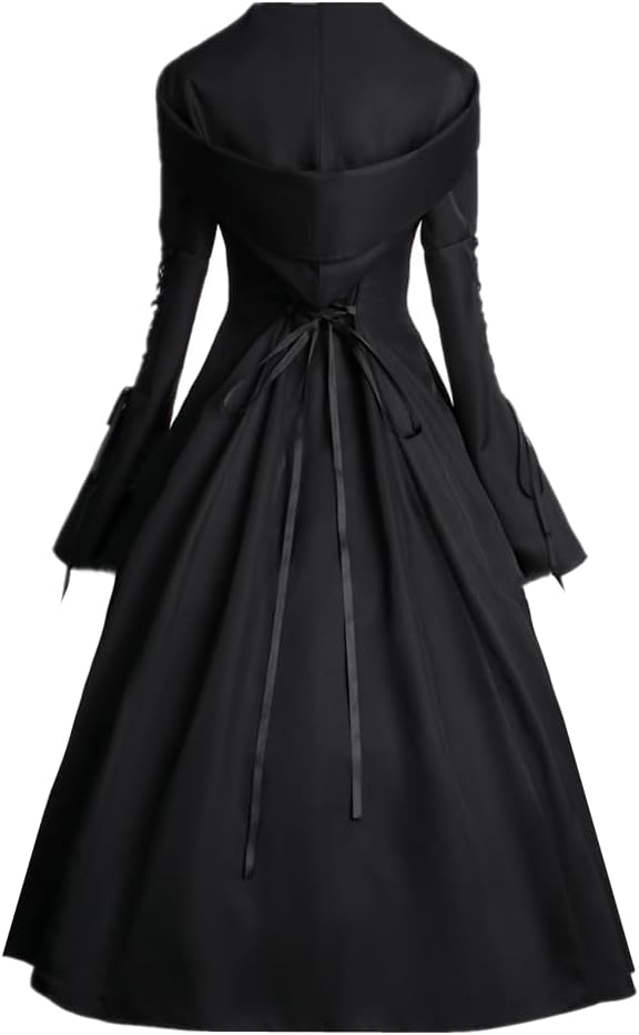 Gothic Hooded Witch Dress for Women Black Victorian Halloween Cospaly Costume Vampire Medieval Renaissance Dresses - Image 3