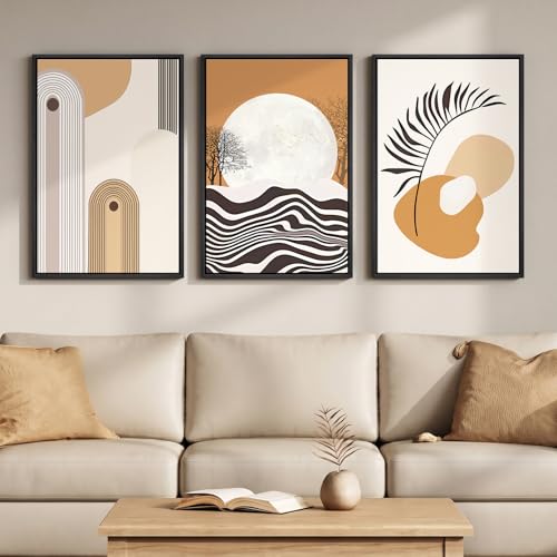 Framed Boho Mid Century Modern Wall Art for Living Room, 3 Piece Large Abstract Canvas Prints Paintings, Orange Earth Tones Moon Botanical Artwork Decor for Bedroom Hallway 16x24 Inch